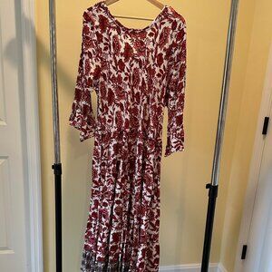 Soft Surroundings Deep Red Floral Maxi Long Sleeve Dress